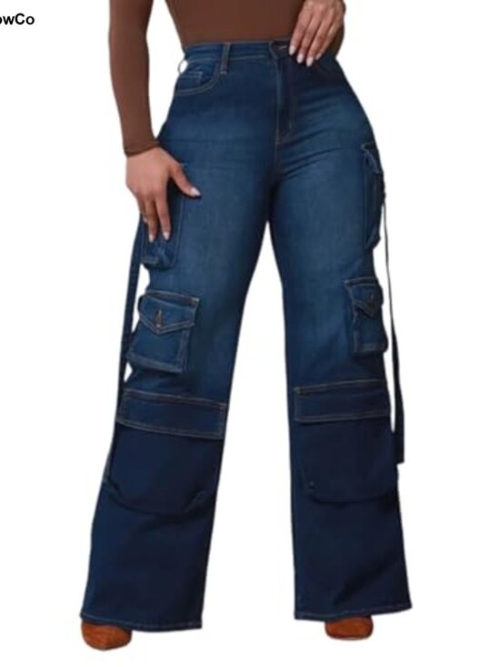 Denim - Wide Leg Cargo Jeans High Waisted Stretchy Baggy Denim Pants